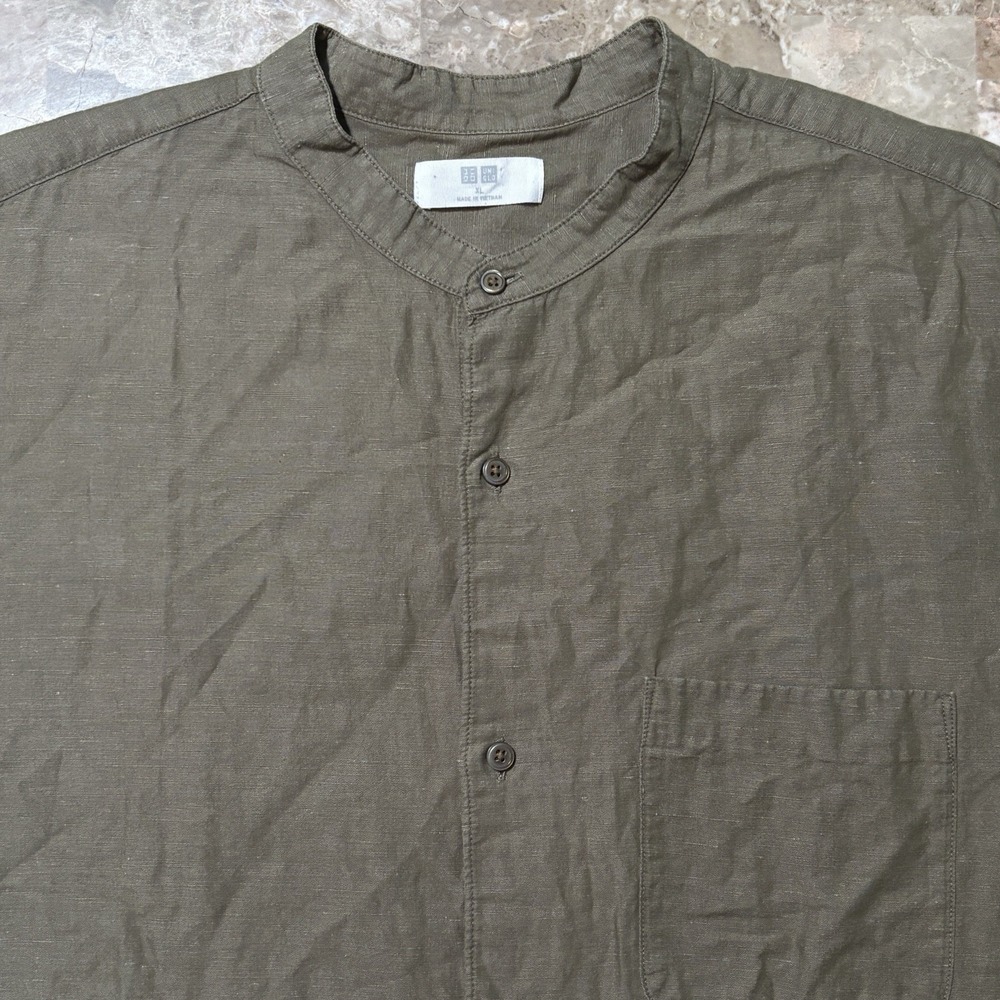 Uniqlo Shirt Mens XL Green Linen Blend Band Collar Short Sleeve Beach Summer